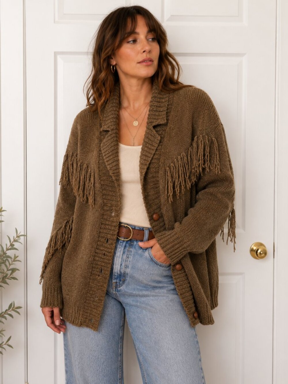 Vintage 90s Brown Fringe Cardigan M Western Cowboy Oversized Sweater ✨